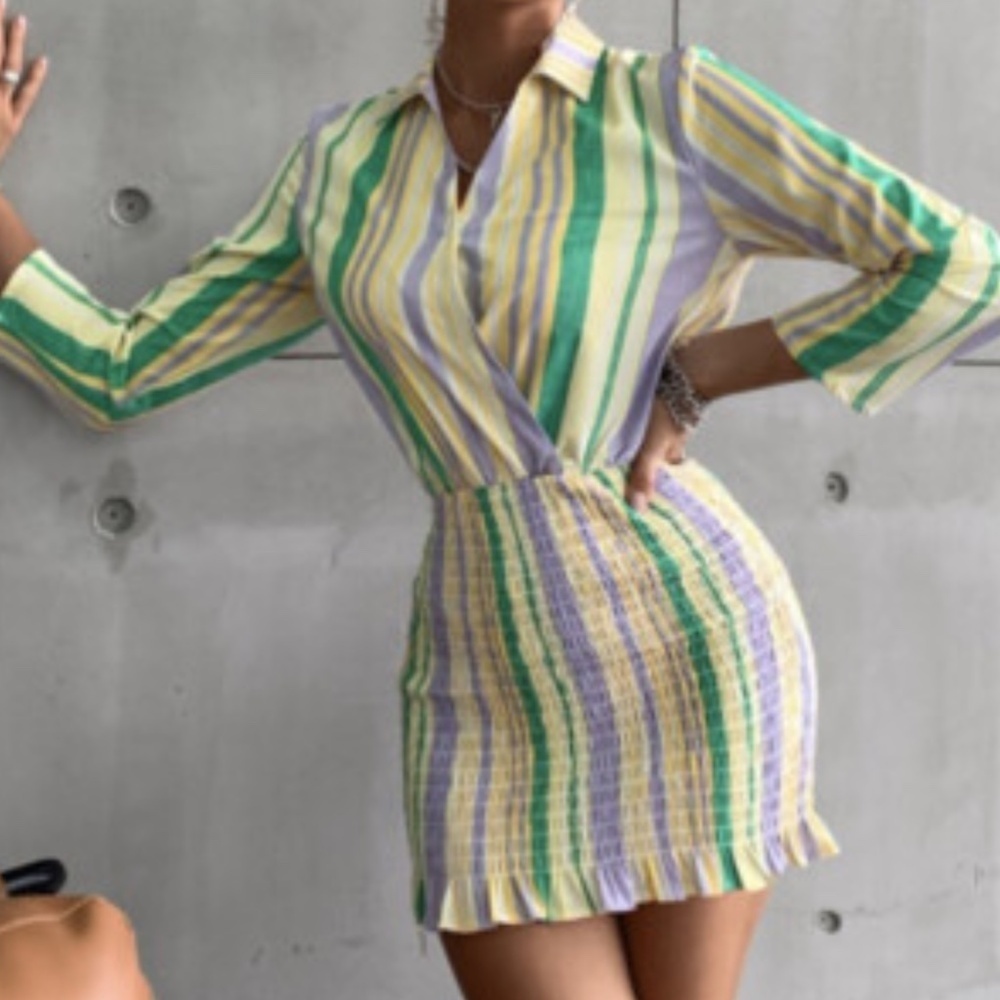 Zara Mini Dress Shirred Skirt Pastel Stripe Long Sleeve Cotton Mini Dress Large - Picture 15 of 15